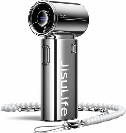 Handheld Fan Life9S - Sleek Chrome: Turbo Power, 22 Hours Cooling | LED Display, 5000Mah, 5-Speeds, Mini Portable Fan for Travel, Cruise, Concerts, Trendy Gifts for Women Men -Chrome