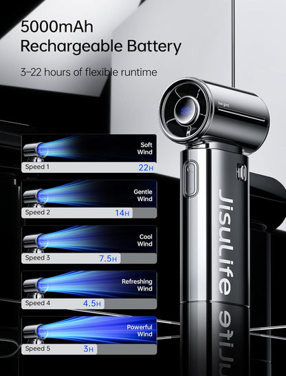 Handheld Fan Life9S - Sleek Chrome: Turbo Power, 22 Hours Cooling | LED Display, 5000Mah, 5-Speeds, Mini Portable Fan for Travel, Cruise, Concerts, Trendy Gifts for Women Men -Chrome